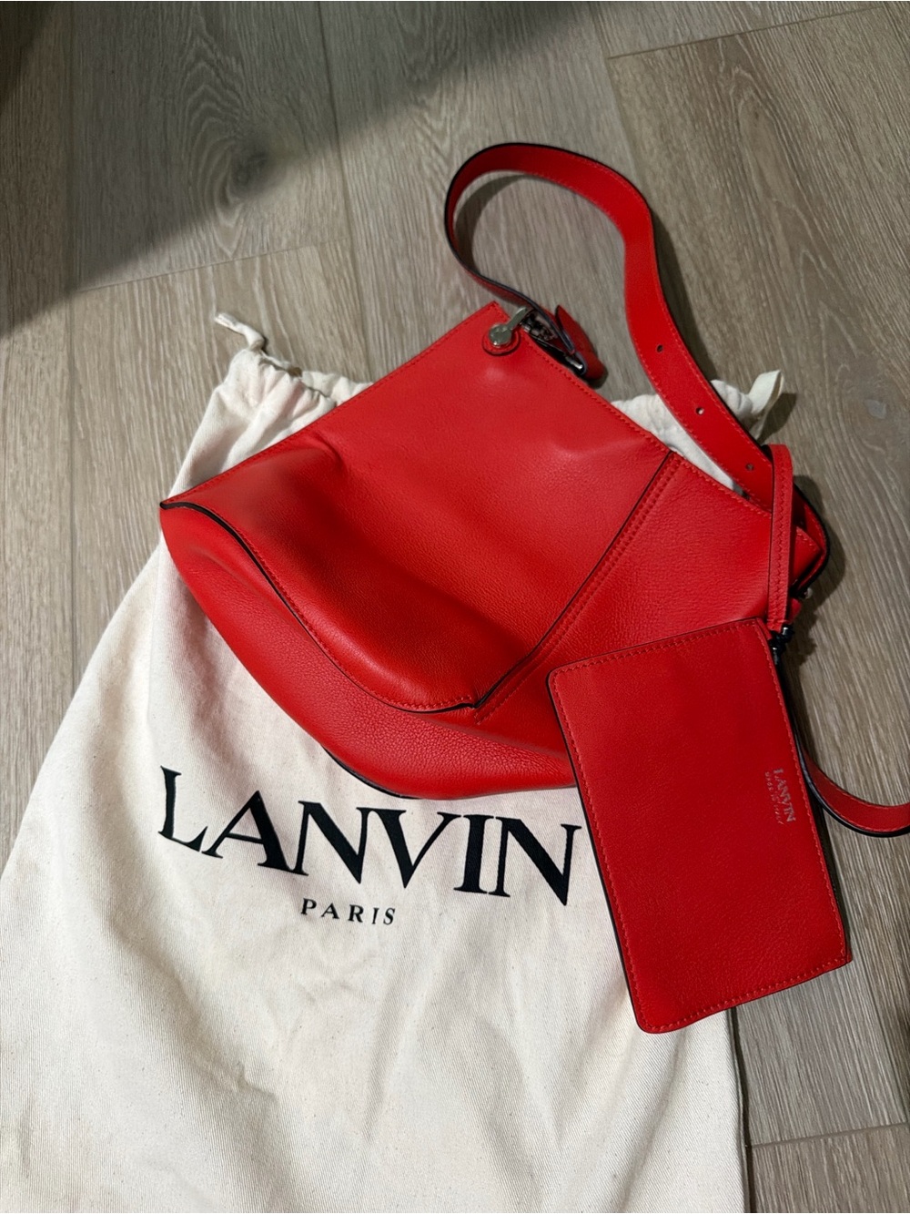 Lanvin Red Pebbled Leather Shoulder Bag with Attached Card Pouch